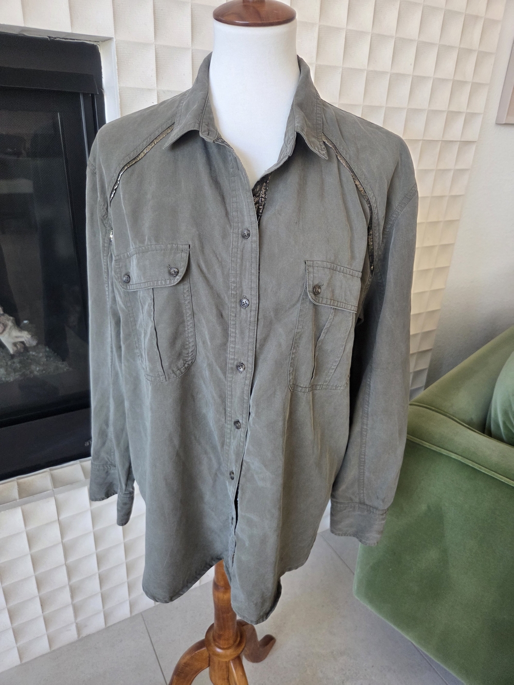 Free People Off Campus Button-Down Shirt Olive Green Metallic Trim - Picture 4 of 11